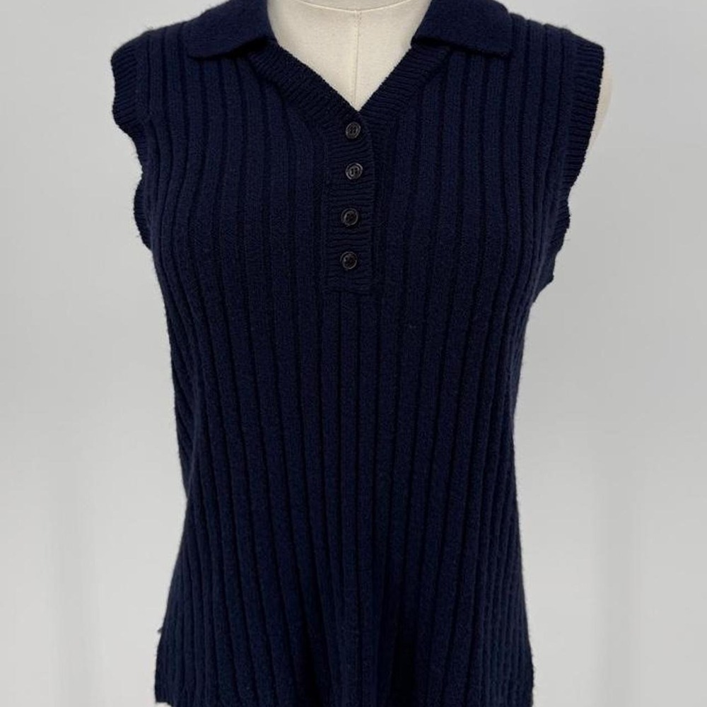 White Stag Navy Blue Acrylic Ribbed Knit Sleeveless Polo Vest Womens Small
